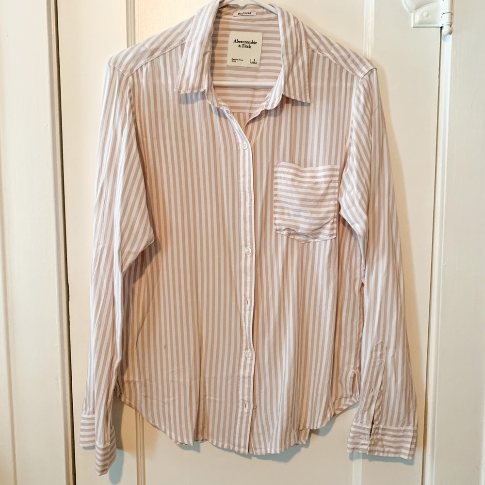 Abercrombie Tan and white stripe Boyfriend button up